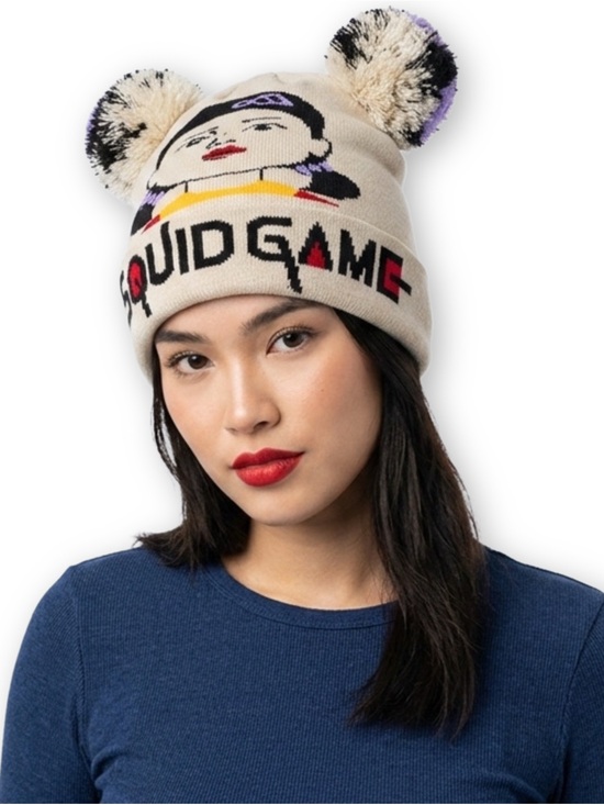 Squid Game Doll Rare Collectible Beanie Tan Double Pom Pom Sherpa Lined Hat main image 4